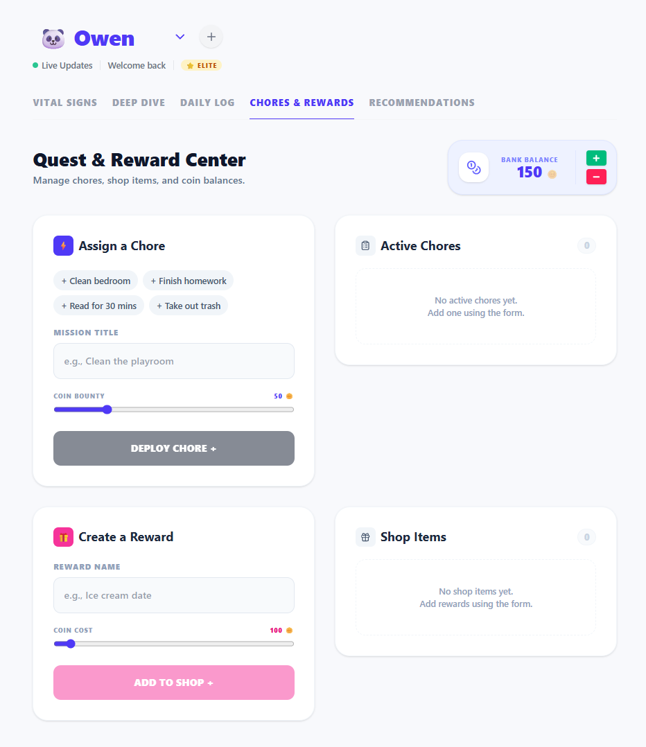 Quest and Reward Center in the NeuralKids app showing chores and a coin balance