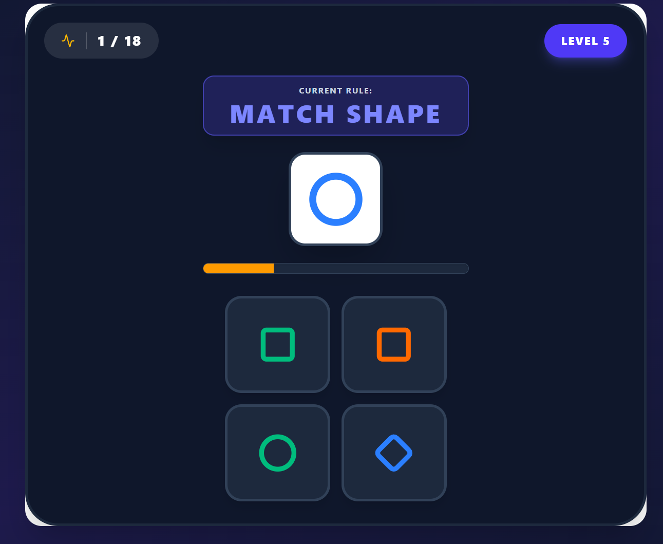 Match Shape game showing a rule-switching matching task