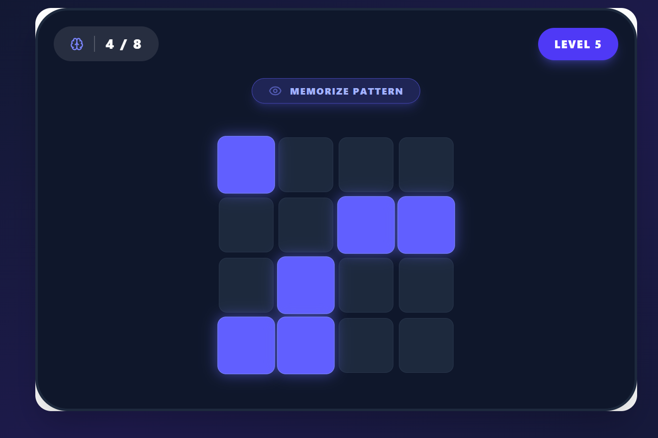 Pattern Recall game showing a grid pattern to memorize