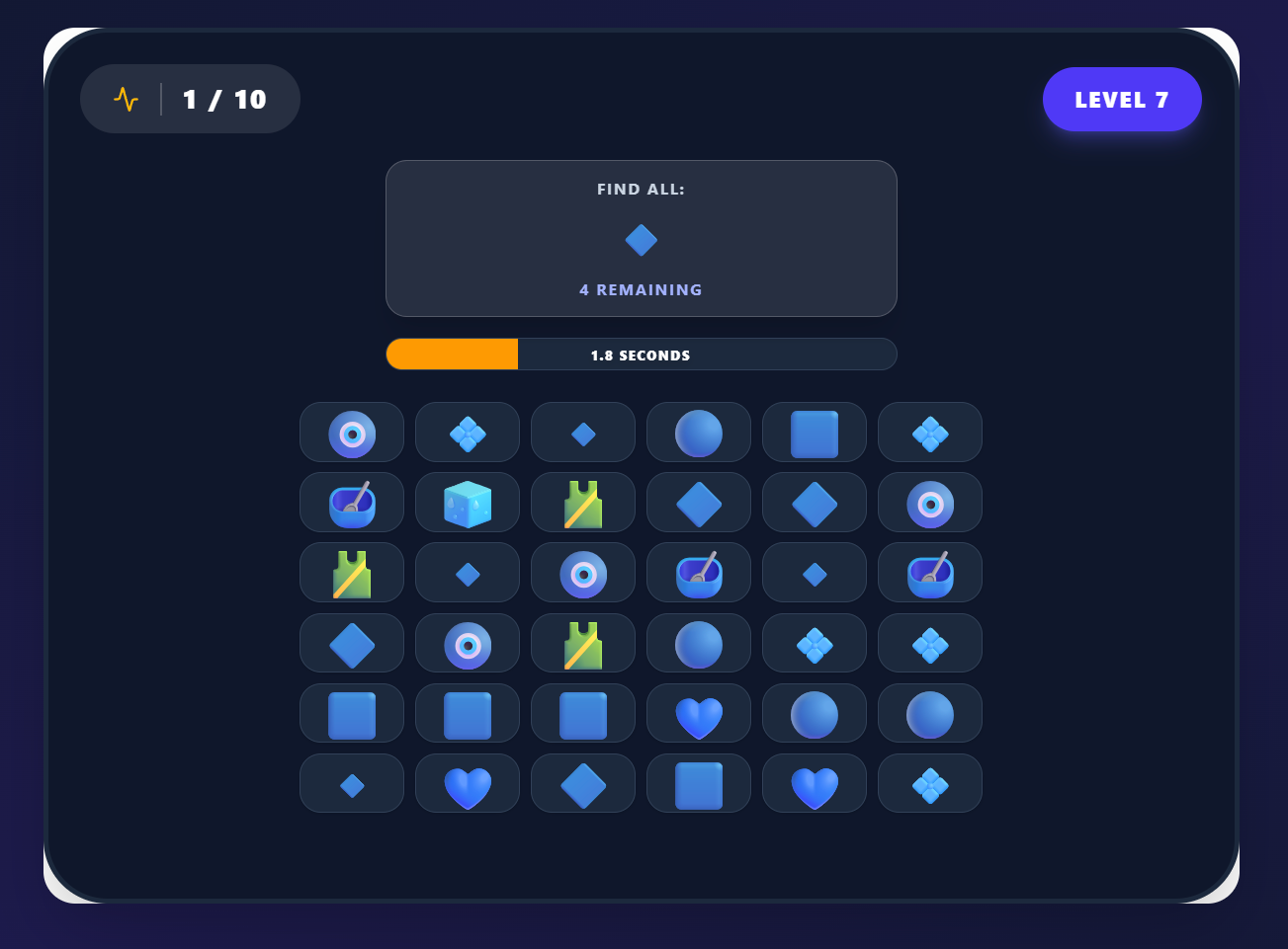 Visual search game showing a timed find-all grid