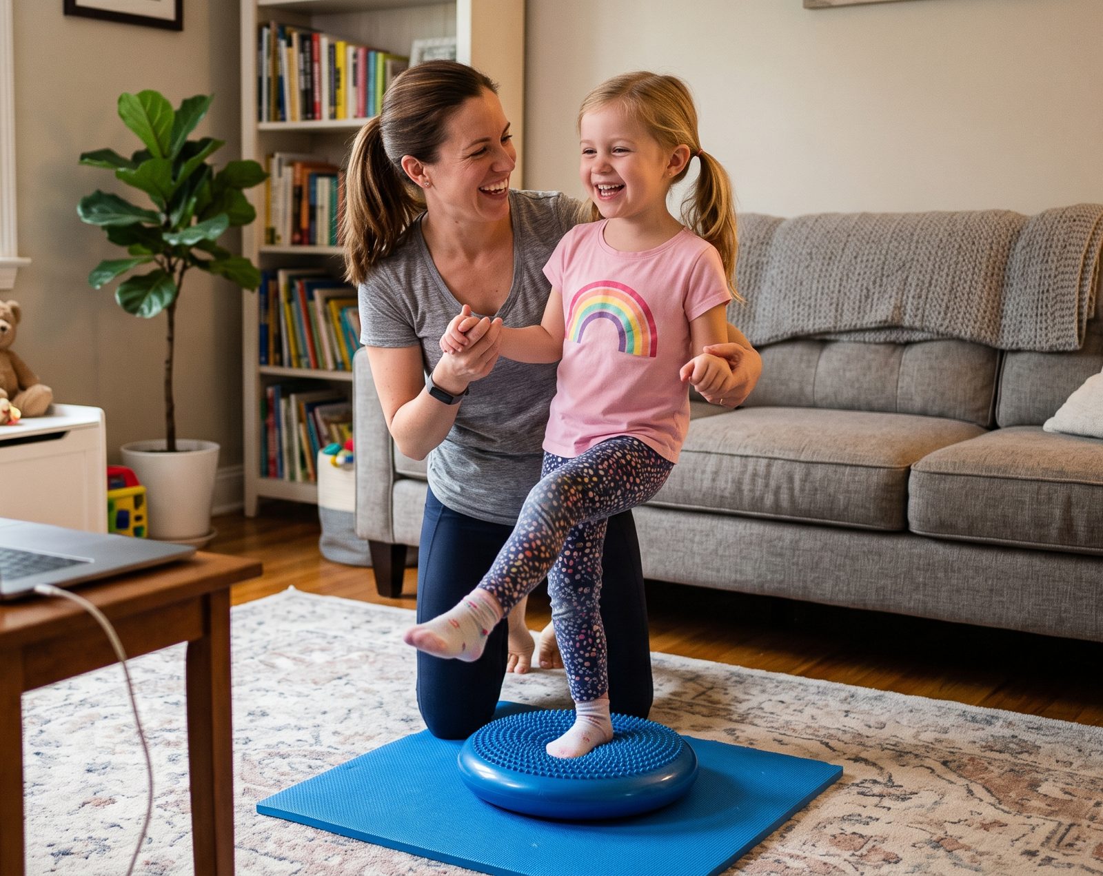 A mother steadying her daughter as she balances on a wobble cushion in the living room during a coached session