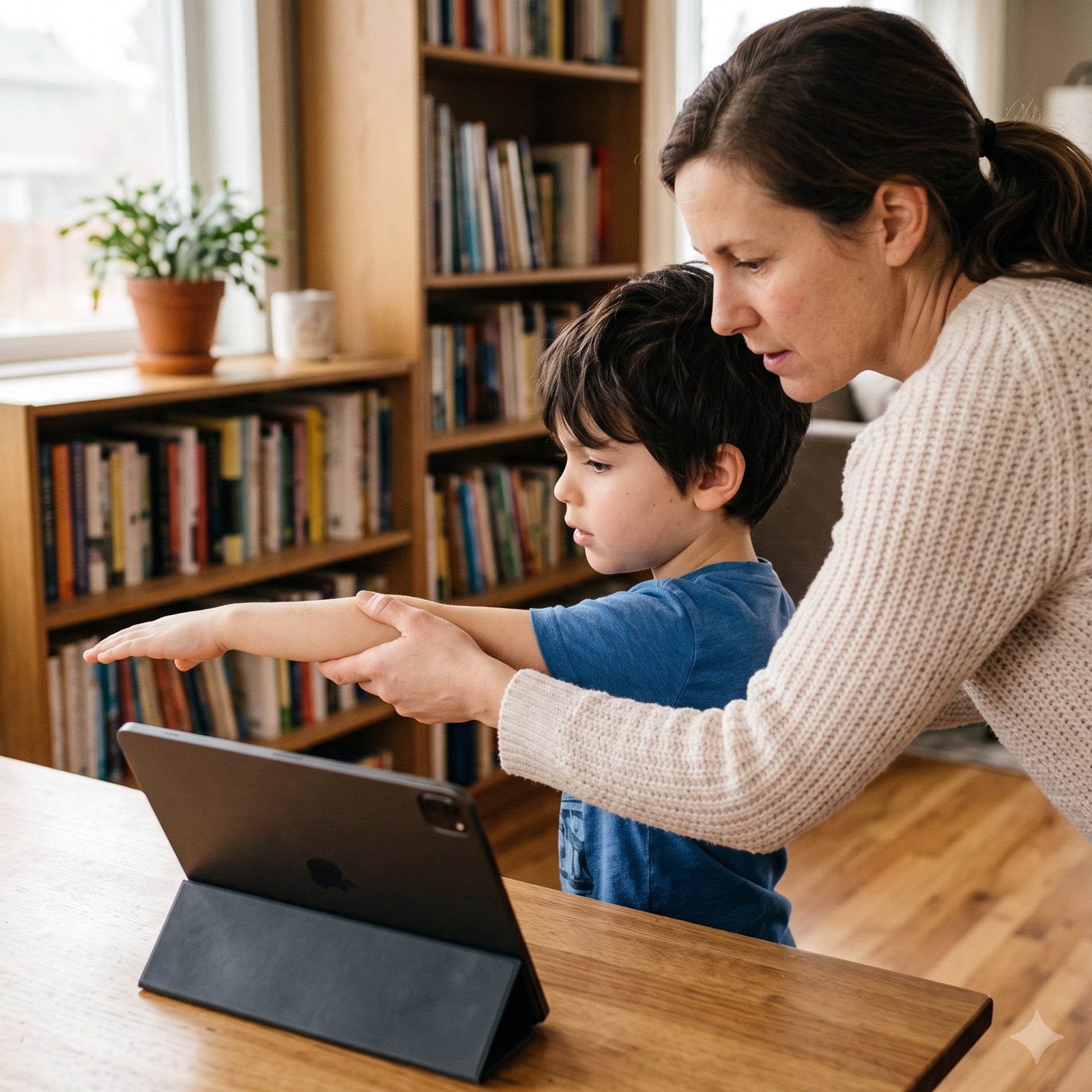 A mother guiding her son's outstretched arm during an at-home exercise with a tablet on the table
