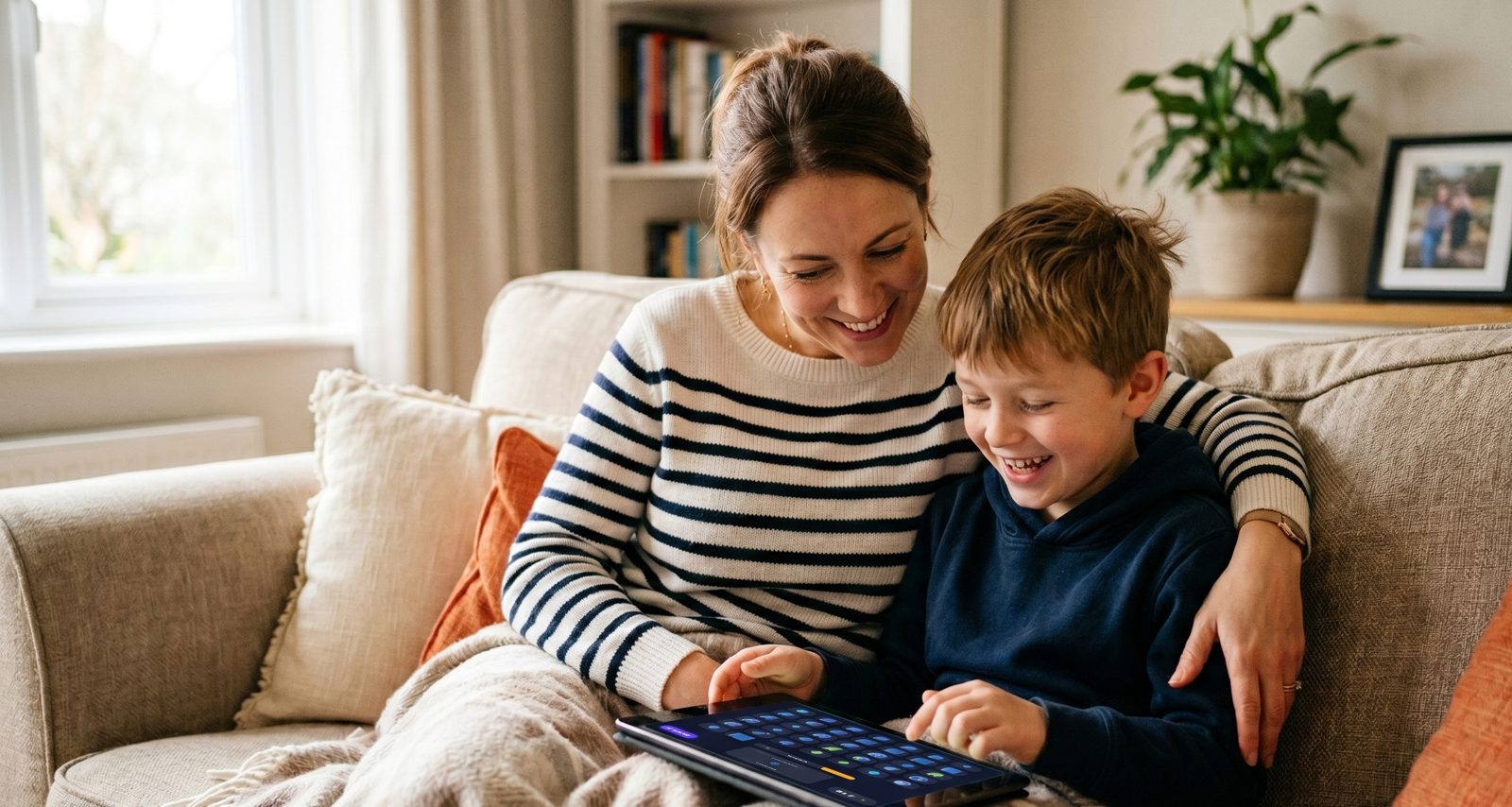 A mother and son laughing together on the couch while using a tablet